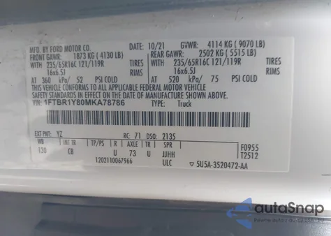 2021 Ford Transit-250 из США, поврежденный, VIN 1FTBR1Y80MKA78786